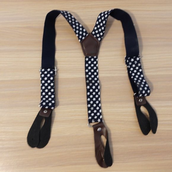 Suspender Boy Blue Dark White Button Leather Y Back Adjustable Stretch Star Fun - Picture 3 of 7
